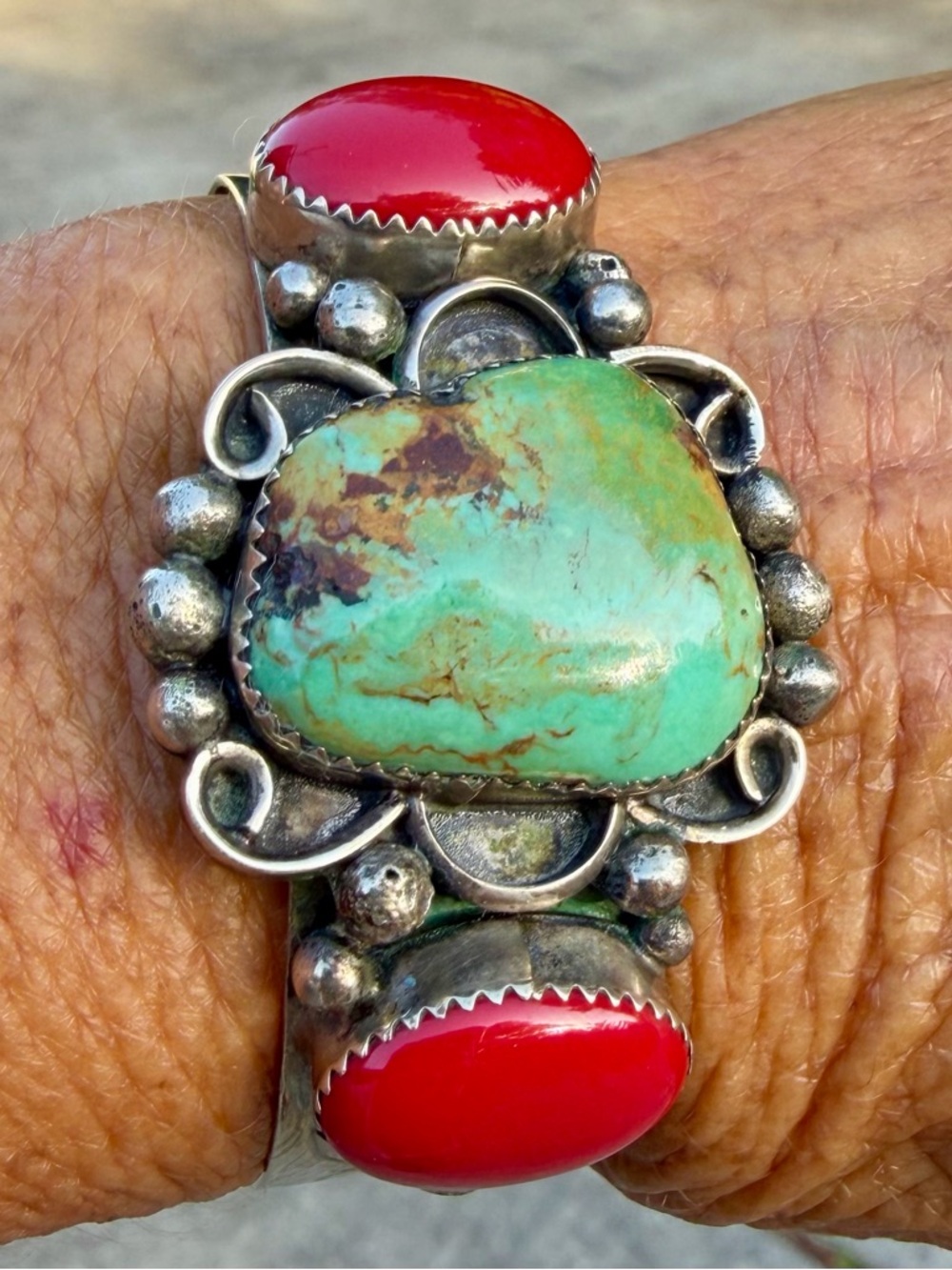 Vintage, Genuine Turquoise/Red Coral, Artist Stamped Cuff Bracelet